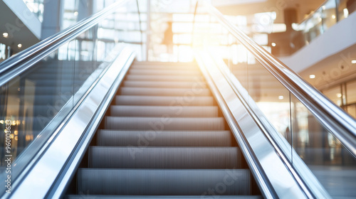 escalator in a bustling shopping mall, showcasing the modern urban architecture and vibrant retail environment. The natural and vibrant colors highlight the dynamic and lively atmo