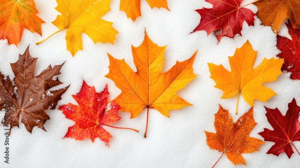 Colorful autumn leaves lie atop a blanket of pristine snow, creating a striking contrast between the vibrant yellows and the clean white surface, inviting tranquility and beauty Colorful autumn leaves lie atop a blanket of pristine snow, creating a striking contrast between the vibrant yellows and the clean white surface, inviting tranquility and beauty