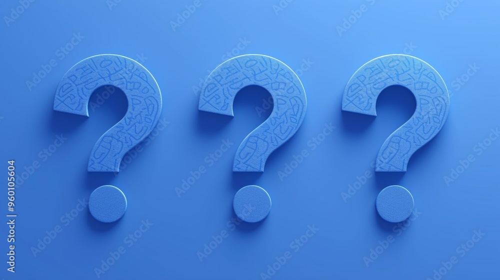 Three blue question marks are shown on a blue background Three blue question marks are shown on a blue background