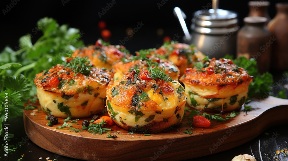 Pepper Muffins With Salmon On Dark Blurry Background Pepper Muffins With Salmon On Dark Blurry Background
