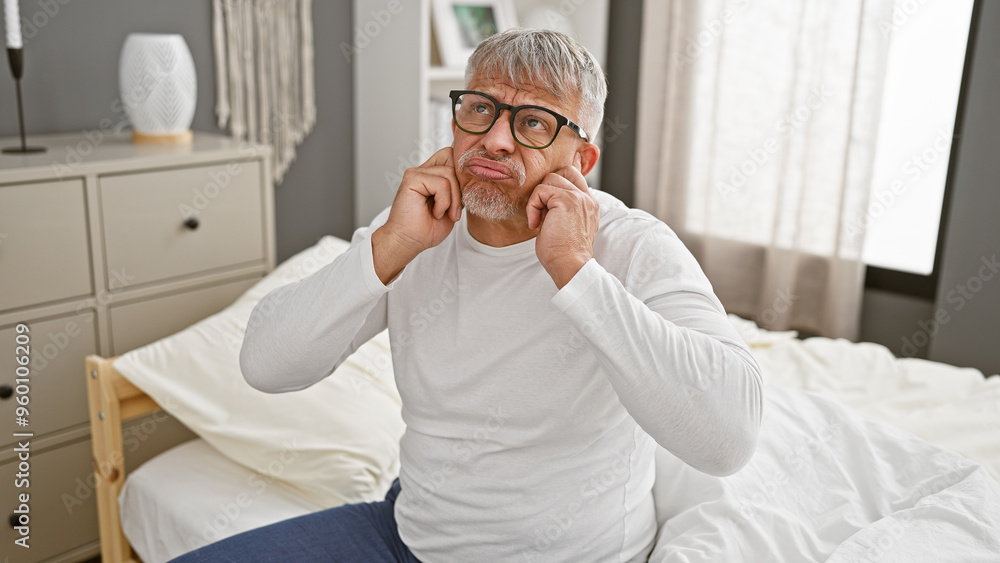 Middle-aged man with glasses sitting thoughtfully on a bed in a modern bedroom, exuding a pensive demeanor. Middle-aged man with glasses sitting thoughtfully on a bed in a modern bedroom, exuding a pensive demeanor.