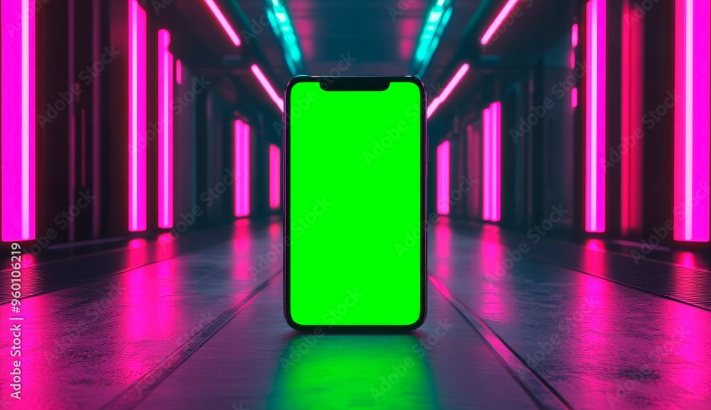 Mobile phone with green screen. Smartphone with chroma key is going through pink neon lighting on dark background Mobile phone with green screen. Smartphone with chroma key is going through pink neon lighting on dark background