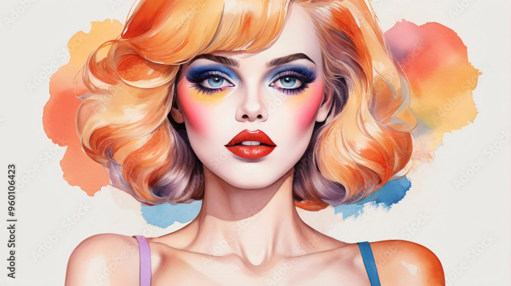 Obraz premium Retro watercolor portrait of a fashion model with vibrant makeup isolated on white background.
