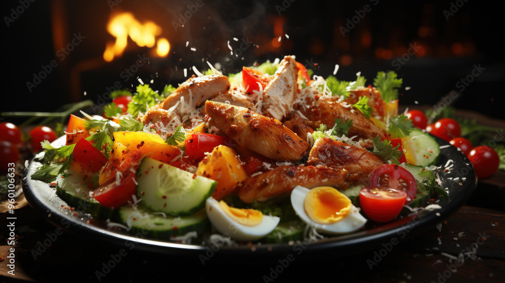 Salade De Poulet Grillé On Dark Blurry Background Salade De Poulet Grillé On Dark Blurry Background