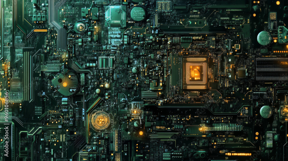 This abstract image of a computer motherboard is perfect for explaining technology, science, or education. It's also a cool and dynamic digital wallpaper. This abstract image of a computer motherboard is perfect for explaining technology, science, or education. It's also a cool and dynamic digital wallpaper.