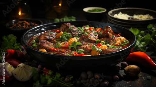 Veal Stew with Fork Knife and Condiments On Dark Black Blurry Background