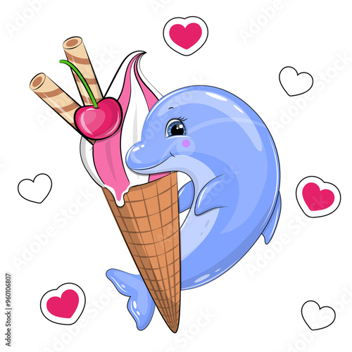 Cute cartoon dolphin holds a big ice cream. Summer animal vector illustration on white background with pink hearts. 
