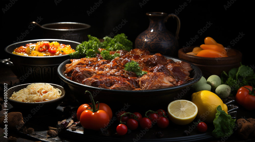 Veal Stew with Fork Knife and Condiments On Dark Black Blurry Background Veal Stew with Fork Knife and Condiments On Dark Black Blurry Background