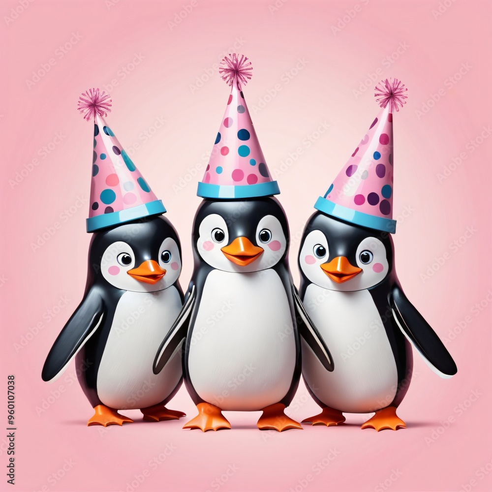 Fototapeta premium three penguins wearing party hats, light pink background