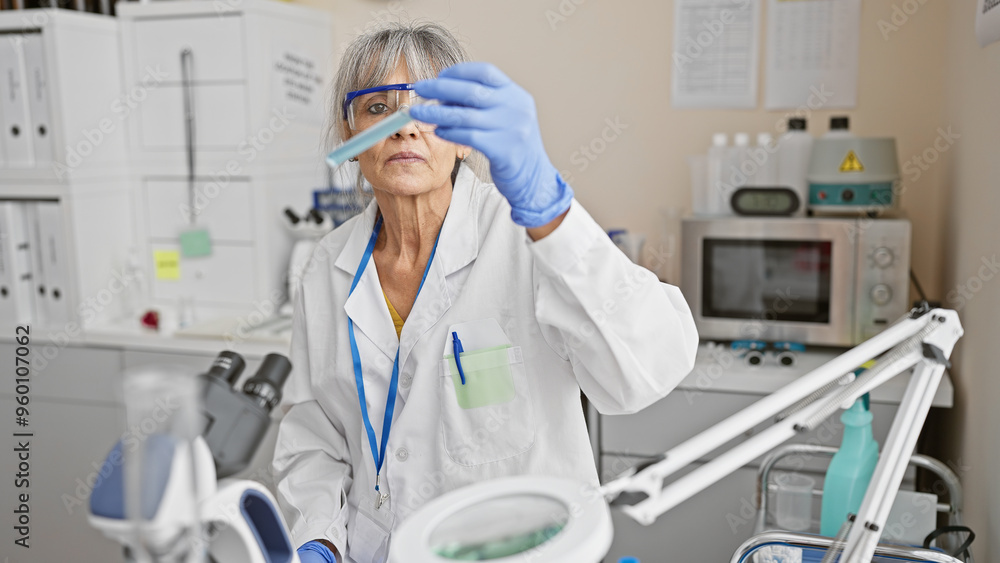 Mature woman scientist examining sample in a laboratory setting, surrounded by medical equipment and white cabinets. Mature woman scientist examining sample in a laboratory setting, surrounded by medical equipment and white cabinets.