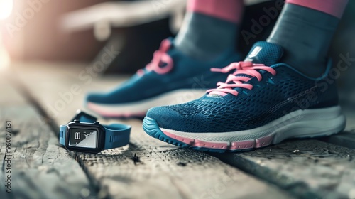 A close-up of a pair of running shoes and a fitness tracker.