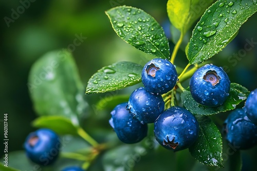 Fresh Blueberries Photo - Dewy Blueberry Cluster on a Bush