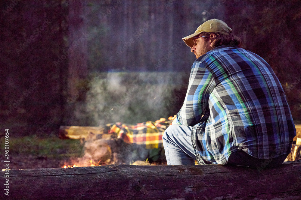 man in the woods at night building a picnic fire man in the woods at night building a picnic fire