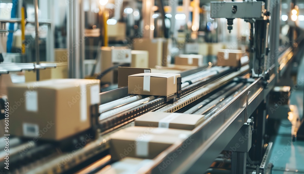A busy packaging facility with boxes moving along a conveyor belt, illustrating modern manufacturing and logistics processes. A busy packaging facility with boxes moving along a conveyor belt, illustrating modern manufacturing and logistics processes.
