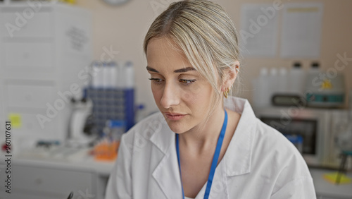 Bilde på lerret A thoughtful young woman with blonde hair in a white lab coat working in a science laboratory