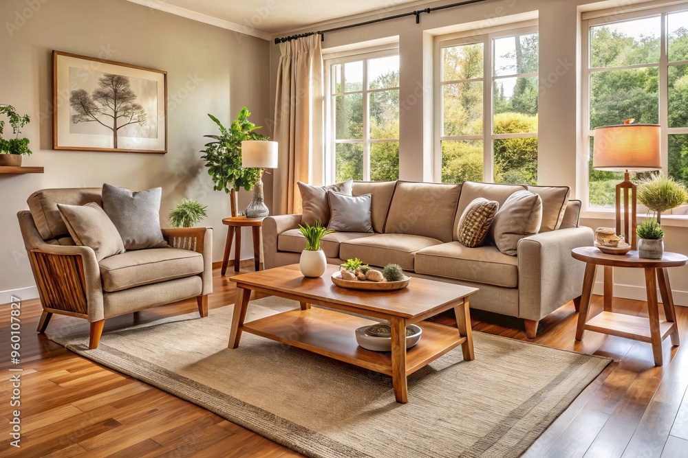 In this serene space, non-toxic furniture pieces in muted colors come together to create a cozy atmosphere, anchored In this serene space, non-toxic furniture pieces in muted colors come together to create a cozy atmosphere, anchored