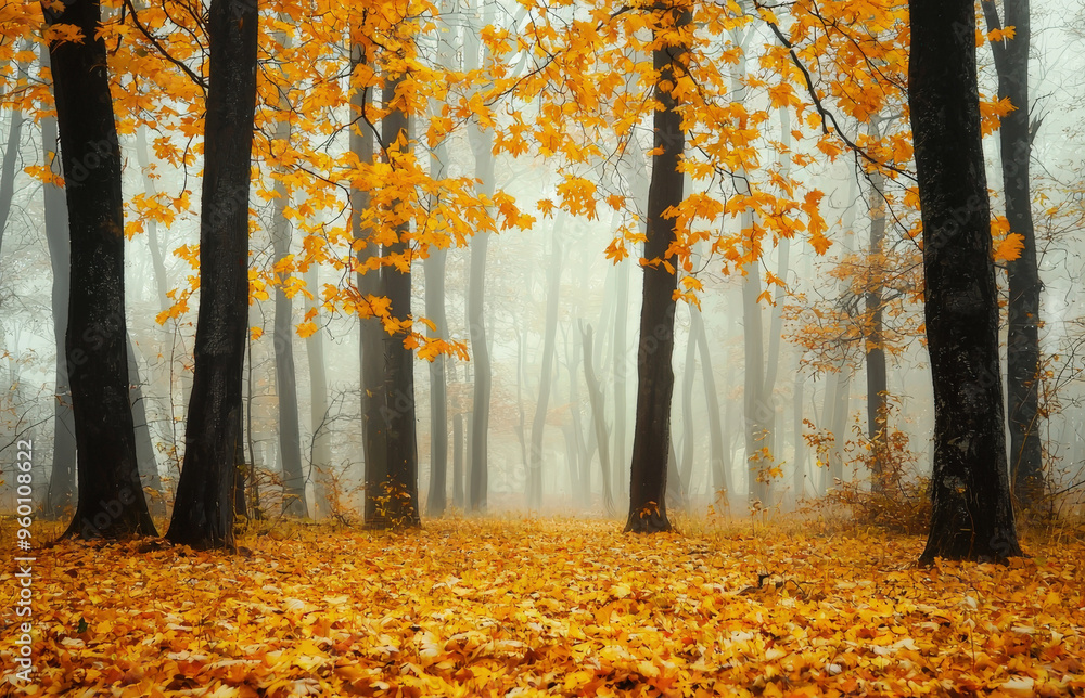 Hermoso bosque encantado otoñal dorado, con árboles y hojas naranjas otoñales cubriendo el suelo, con fondo cubierto de niebla Hermoso bosque encantado otoñal dorado, con árboles y hojas naranjas otoñales cubriendo el suelo, con fondo cubierto de niebla