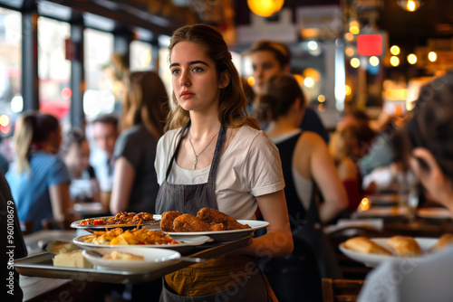 Waitress carrying a tray of food through a crowded diner, balancing multiple plates skillfully.