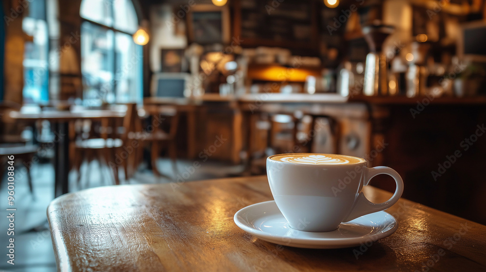 A cup of coffee placed on a wooden table in a restaurant. A cup of coffee placed on a wooden table in a restaurant.