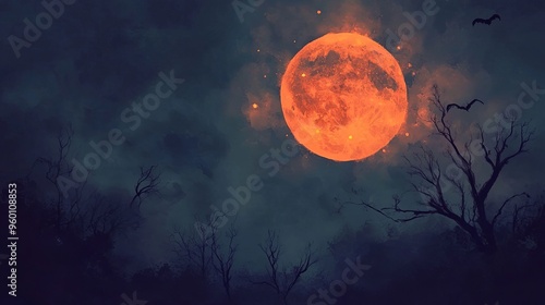 A spooky Halloween night scene with a full moon shining through dark clouds and a starry sky. photo