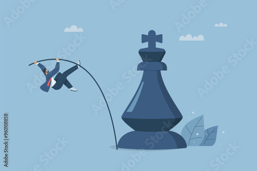 Defeat difficult strategies, Overcoming huge obstacles, Facing competitors who are business giants, Businessman pole vaults through a large chess piece. Vector design illustration.
