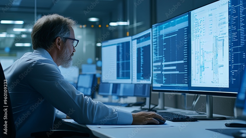 A focused business expert working in a sleek, professional office, fully immersed in a project management tool on their computer A focused business expert working in a sleek, professional office, fully immersed in a project management tool on their computer