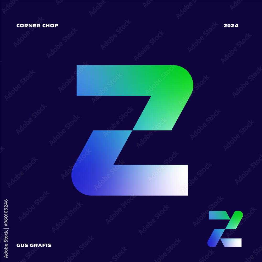 Letter Z corner chop or corner cut, font, lettering, typography with sharp edges, bold, masculine, and futuristic style. Perfect for logos, display, design elements etc.