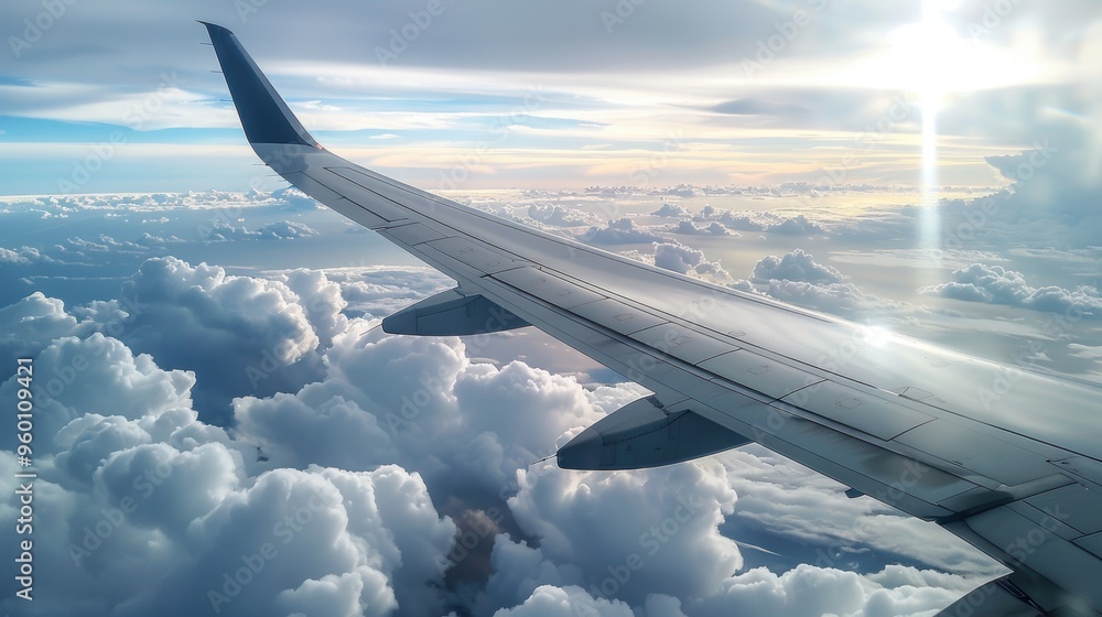 Obraz premium Wing of an airplane flying above the clouds. Travelling background.
