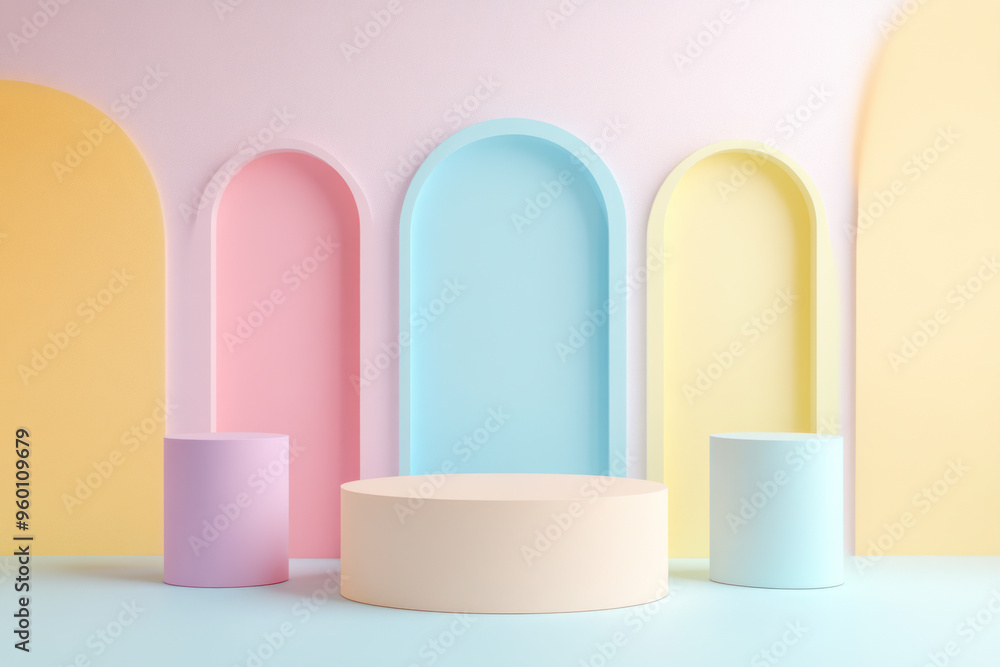 Props for product photography. Different podiums on a pastel colored background. Mockup for branding and packaging. Copy space. Props for product photography. Different podiums on a pastel colored background. Mockup for branding and packaging. Copy space.
