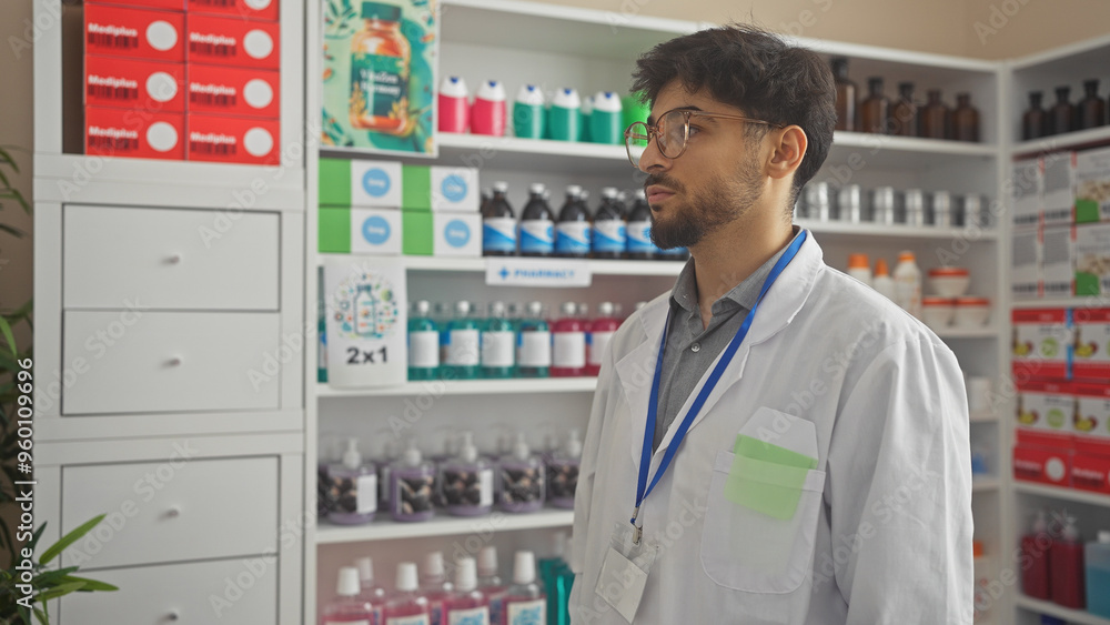 A bearded young man in a white pharmacist coat stands thoughtfully in a well-stocked indoor pharmacy. A bearded young man in a white pharmacist coat stands thoughtfully in a well-stocked indoor pharmacy.