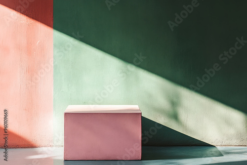 Podium for product presentation, mockup for branding and packaging on a pink and green background. Modern design, pastel color backdrop. Copy space.