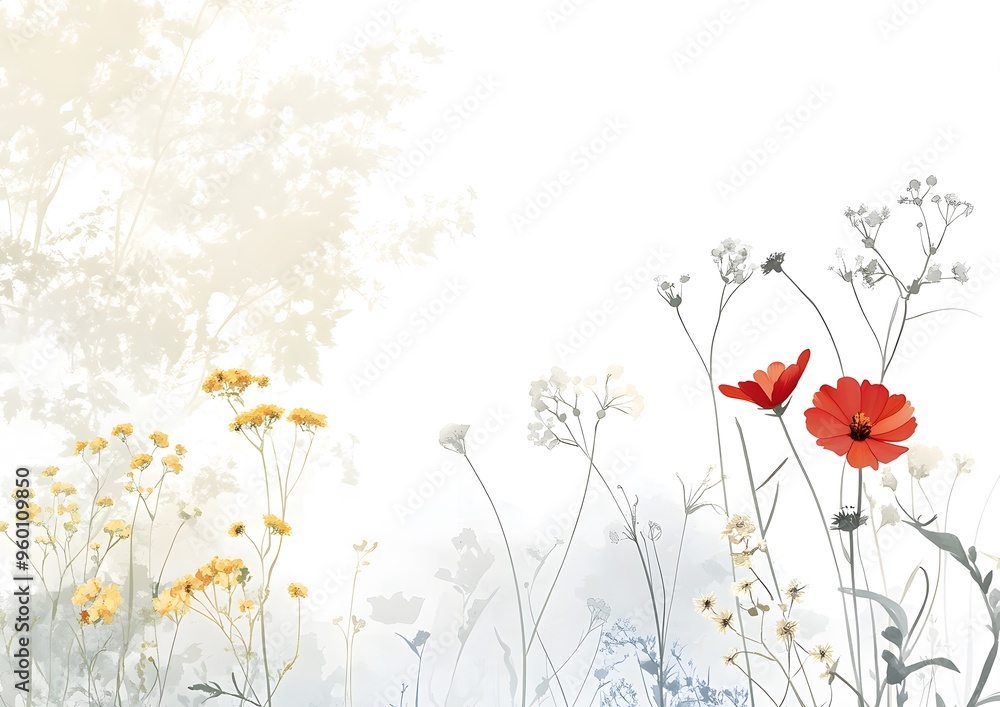 Fototapeta premium Watercolor floral design with yellow and red flowers. Template for quotes, and greetings cards