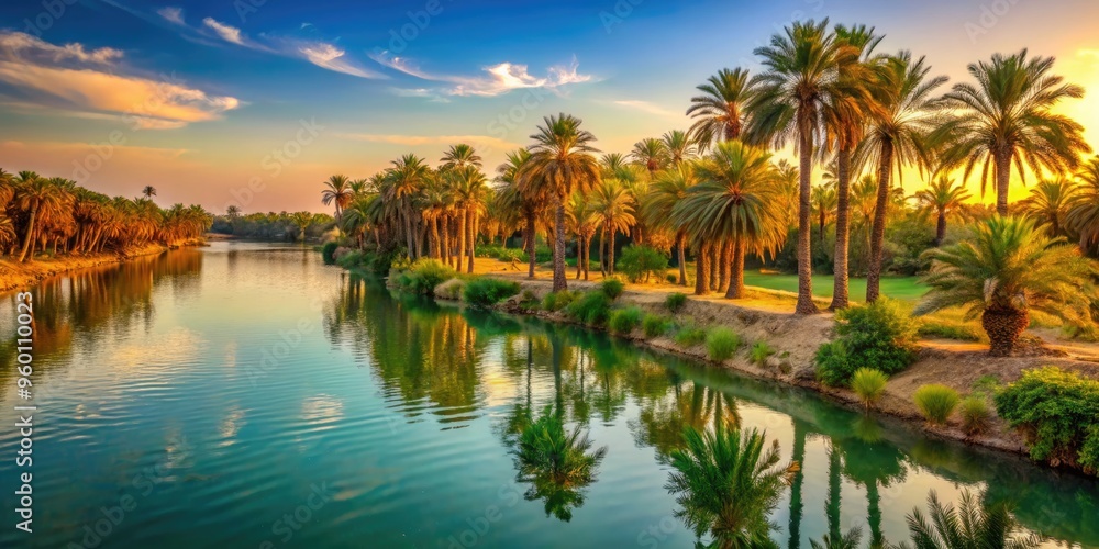 Sunlit palm trees line the serene banks of the ancient River Tigris, which flows gently through the heart of a lush, vibrant Iraqi landscape. Sunlit palm trees line the serene banks of the ancient River Tigris, which flows gently through the heart of a lush, vibrant Iraqi landscape.
