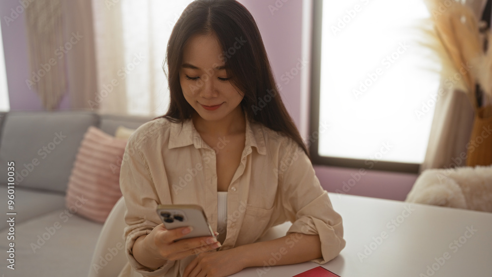 Beautiful young chinese woman using smartphone at home in a cozy living room, reflecting a serene and modern indoor lifestyle. Beautiful young chinese woman using smartphone at home in a cozy living room, reflecting a serene and modern indoor lifestyle.