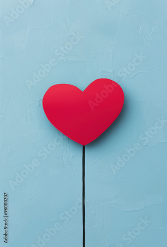 Minimalist pop art red heart on a thin black line against a textured blue background. photo