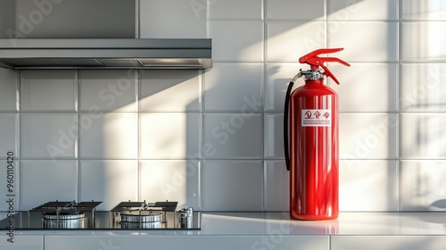 Wallpaper Mural Modern kitchen with a prominent red fire extinguisher on a countertop highlighting safety and preparedness in a contemporary home setting Torontodigital.ca
