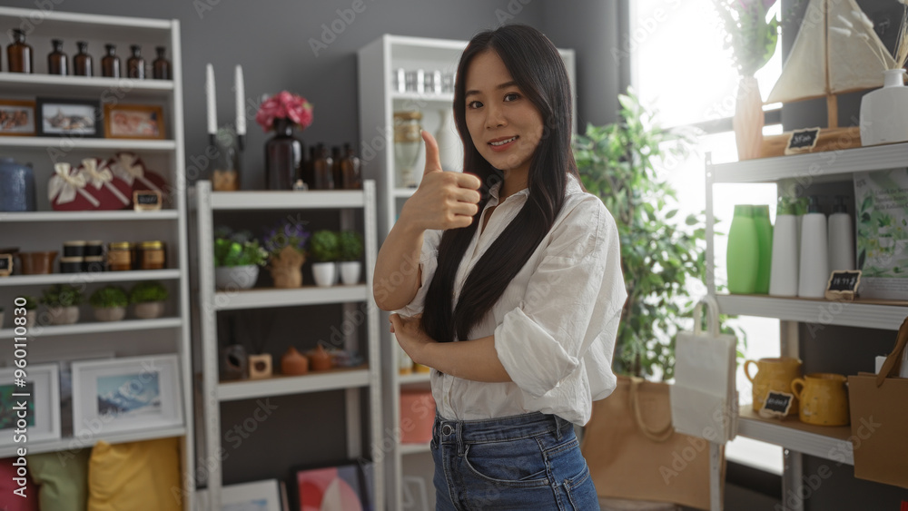 Young, beautiful chinese woman posing with a thumbs-up gesture in a well-decorated home decor store, surrounded by stylish interior items and plants. Young, beautiful chinese woman posing with a thumbs-up gesture in a well-decorated home decor store, surrounded by stylish interior items and plants.