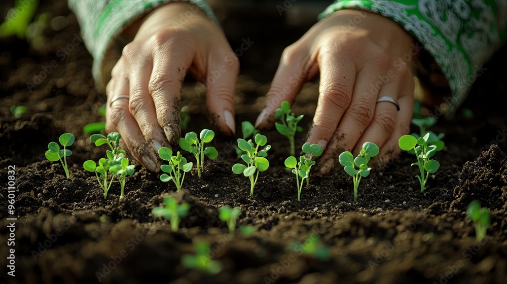 A woman's hands gently place tender seedlings into the fertile soil of a garden in springtime. The rich, dark earth promises nourishment and growth for the tiny plants as they embark on their journey A woman's hands gently place tender seedlings into the fertile soil of a garden in springtime. The rich, dark earth promises nourishment and growth for the tiny plants as they embark on their journey