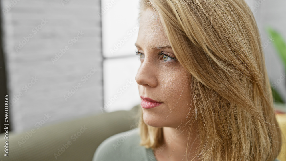 A contemplative young woman with blonde hair relaxing on a sofa in a well-lit cozy living room A contemplative young woman with blonde hair relaxing on a sofa in a well-lit cozy living room