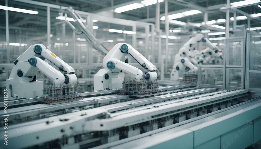 A high-tech manufacturing facility with robots assembling products on an automated.generative ai A high-tech manufacturing facility with robots assembling products on an automated.generative ai