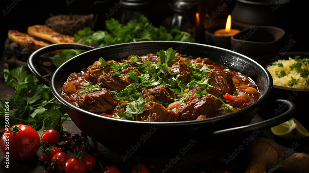 Veal Stew with Fork Knife and Condiments On Dark Black Blurry Background