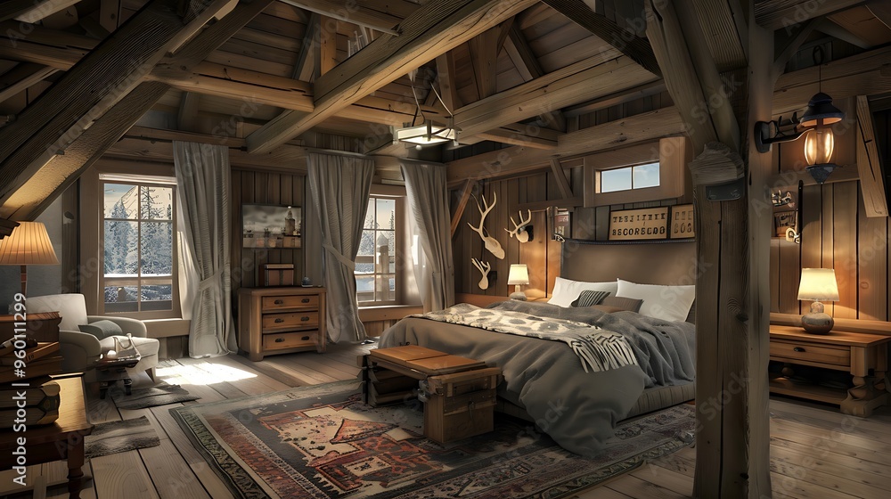 Rustic bedroom with wooden beams and a cozy atmosphere Rustic bedroom with wooden beams and a cozy atmosphere