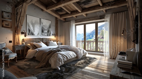 Rustic bedroom with wooden beams and a cozy atmosphere 