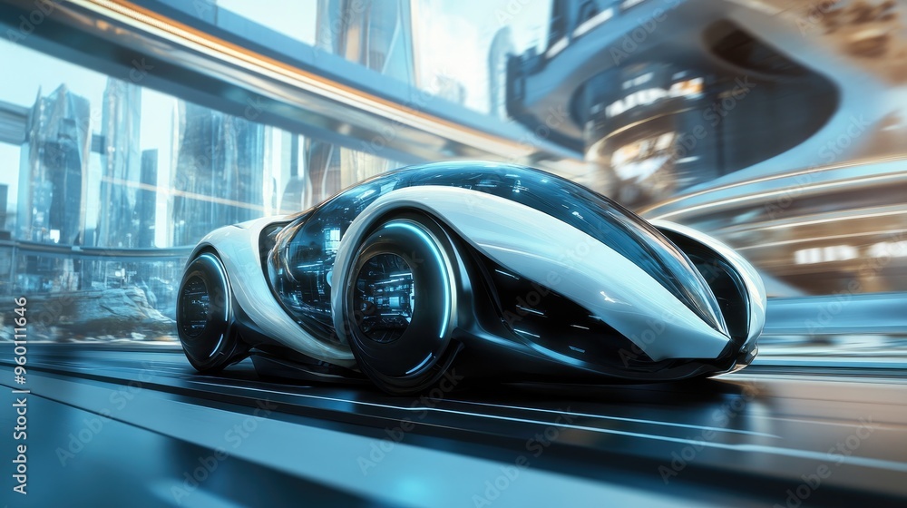 Obraz premium Futuristic transportation designs, showcasing mesmerizing technology, set against a dynamic realistic background of a bustling city