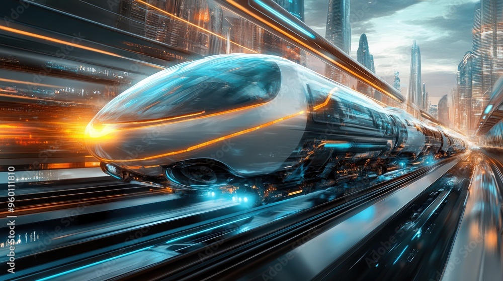 Obraz premium Futuristic transportation systems with mesmerizing designs, set against a dynamic realistic background of a bustling cityscape