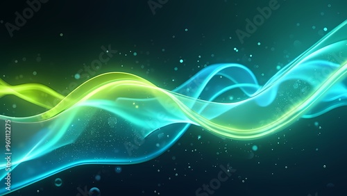 Vivid Cyan and Lime Light Ribbons with Shimmering Particles on Deep Gradient Background photo