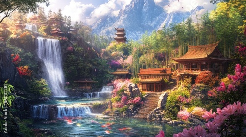 Idyllic village on a hill, surrounded by a waterfall, stream, and colorful flowers, with bamboo trees in a dynamic, realistic background