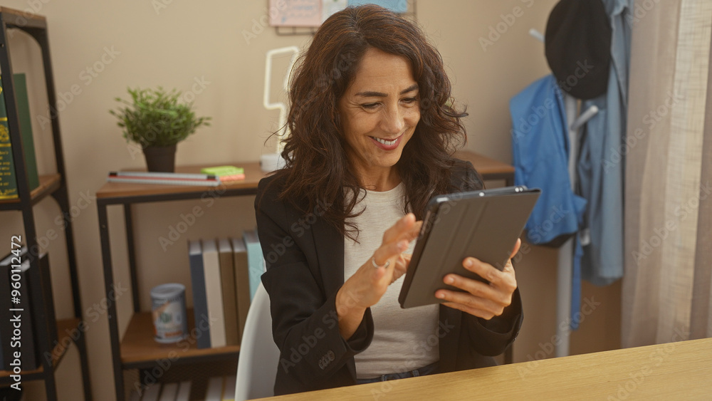 A smiling middle-aged woman using a tablet in a modern home office setup. A smiling middle-aged woman using a tablet in a modern home office setup.