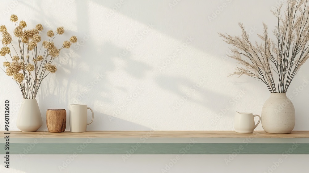 A minimalist shelf adorned with elegant vases and dried plants, casting soft shadows on a bright wall. A minimalist shelf adorned with elegant vases and dried plants, casting soft shadows on a bright wall.