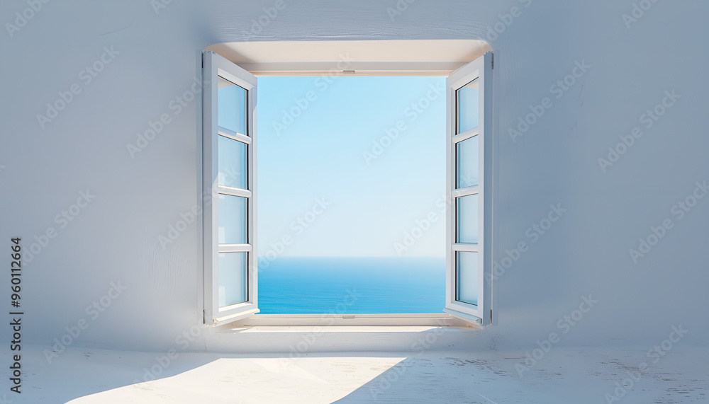 view of nice big white openned window on white wall with blue sky seen through view of nice big white openned window on white wall with blue sky seen through